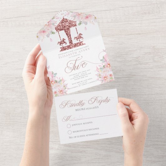 第2誕生日回転木馬フローラグリッター オールインワン招待状 (貼ってはがせる)