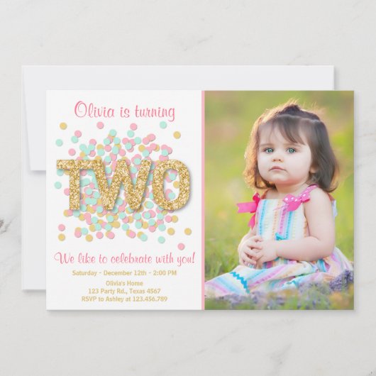 第2誕生日招待状ガールピンク金ゴールドミントツー 招待状 (正面)