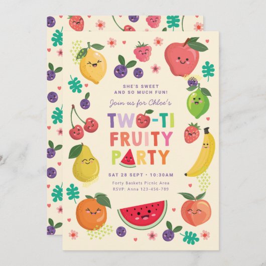 第2誕生日招待状、ツーティフルーティパーティーガール 招待状 (正面/裏面)