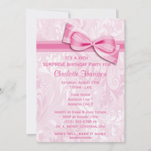 第20回サプライズバースデーパーティーのピンクダマスクとボウ 招待状 (裏面)