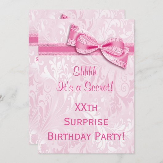 第20回サプライズバースデーパーティーのピンクダマスクとボウ 招待状 (正面/裏面)