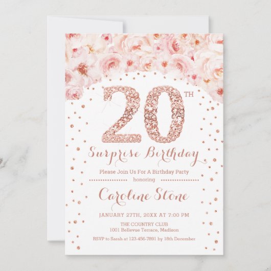 第20回サプライズ誕生日パーティー – ホワイトローズ金ゴールド 招待状 (正面)