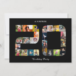 第20回バースデーパーティー写真コラージュ白黒 招待状