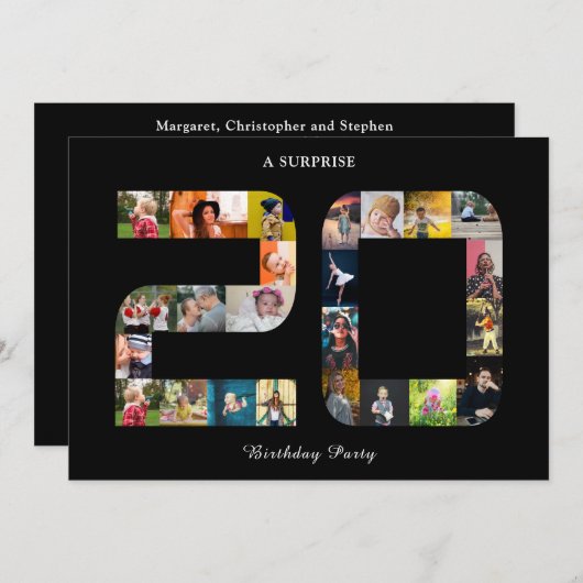 第20回バースデーパーティー写真コラージュ白黒 招待状 (正面/裏面)