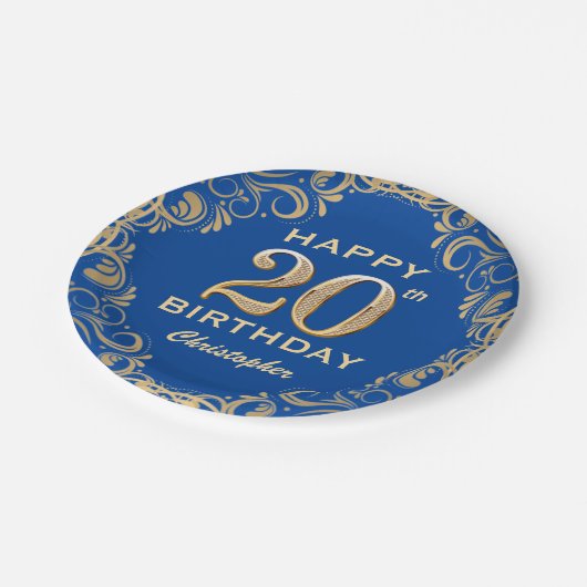 第20回バースデーパーティー青と金ゴールドグリッター枠 ペーパープレート (アングル)
