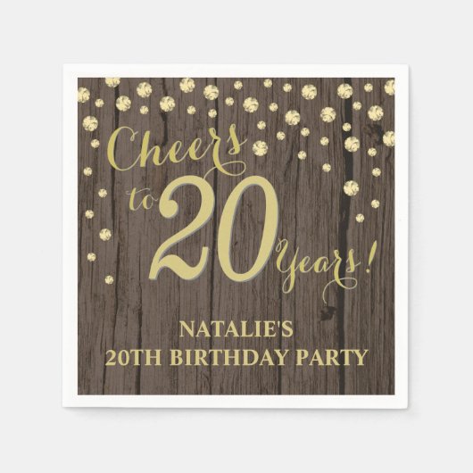 第20回バースデーパーティ素朴ウッドと金ゴールドダイヤモンドN スタンダードカクテルナプキン (正面)