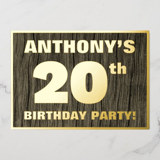 第20回誕生日パーティーはっきりした:木目フェイク模様 箔招待状 (正面)