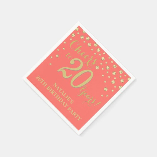 第20回誕生日パーティーホワイト&コーラルダイヤモンド スタンダードカクテルナプキン (角)