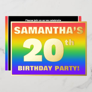 第20回誕生日パーティー：おもしろいカラフル、レインボーパターン 箔招待状