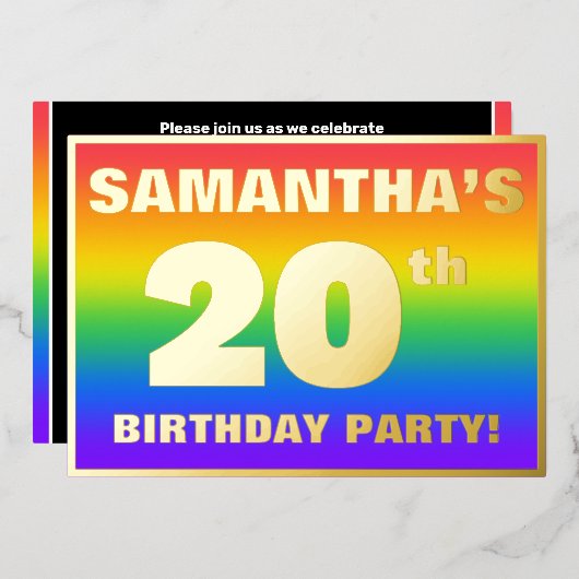 第20回誕生日パーティー:おもしろいカラフル、レインボーパターン 箔招待状 (正面/裏面)