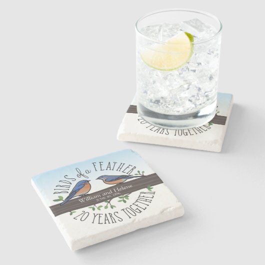 第20結婚記念日、羽のブルーバード ストーンコースター (横)