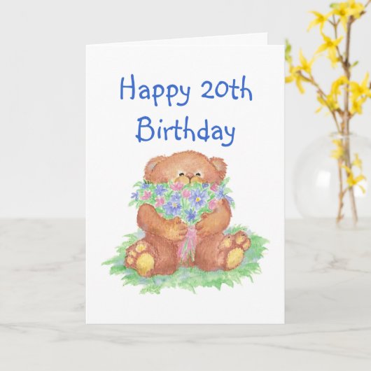第20誕生日のための花、テディー・ベア カード (黄色い花)