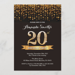 第20誕生日の招待状の黒および金ゴールドのグリッター 招待状