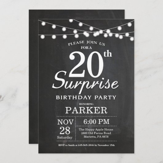第20誕生日の招待状の黒板を驚かして下さい 招待状 (正面/裏面)