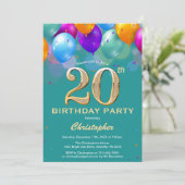 第20誕生日ティール(緑がかった色)と金ゴールド吹きカラフル出し 招待状 (スタンド正面)