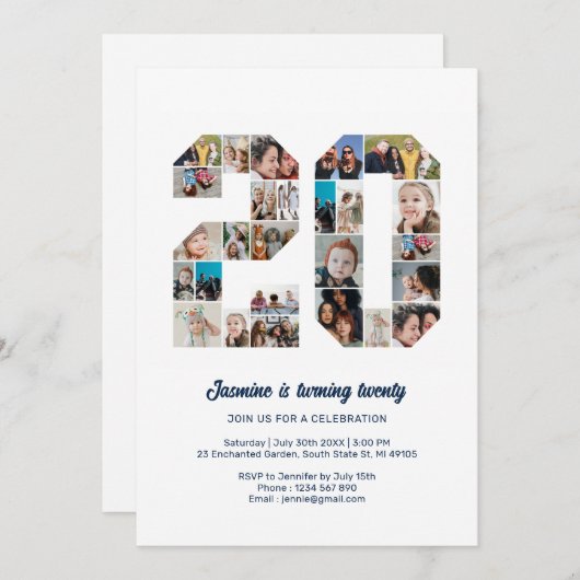 第20誕生日第20カスタム号写真コラージュ 招待状 (正面/裏面)