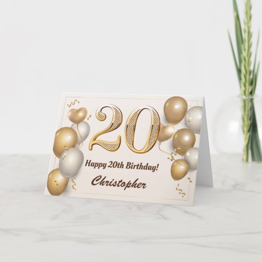 第20誕生日金ゴールド風船と紙吹雪誕生日 カード (正面)