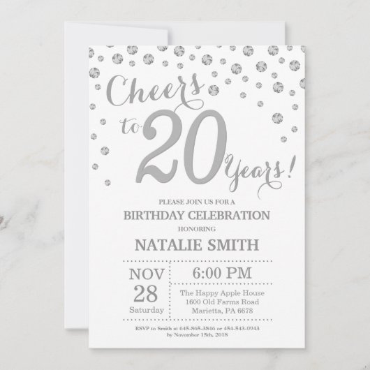 第20誕生日銀グリッターダイヤモンド招待状 招待状 (正面)