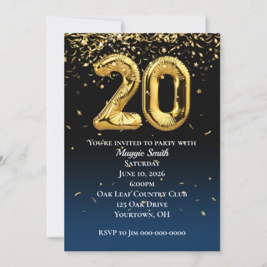 第20金ゴールド誕生日風船と紙吹雪 招待状 (正面)
