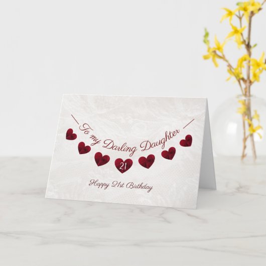 第21ダーリンドーターバースデー赤いハートバンティン カード (黄色い花)