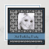 第21バースデーパーティ招待状のダマスク織の青 招待状 (正面/裏面)