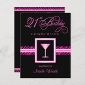 第21バースデーパーティ招待状-ショッキングピンクのシマウマ 招待状 (正面/裏面)