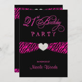 第21バースデーパーティ招待状-ショッキングピンクのシマウマ 招待状 (正面/裏面)