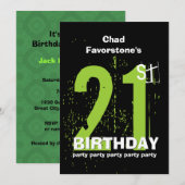 第21モダンな誕生会緑および黒いW1797A 招待状 (正面/裏面)