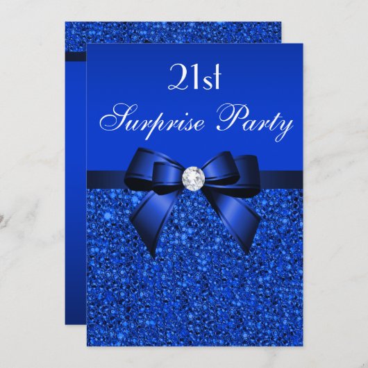 第21回サプライズ誕生日王室のブルーシークインとボウ 招待状 (正面/裏面)