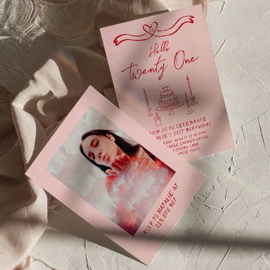 第21回ピンクレッドケーキハロー21枚フォト誕生日 招待状