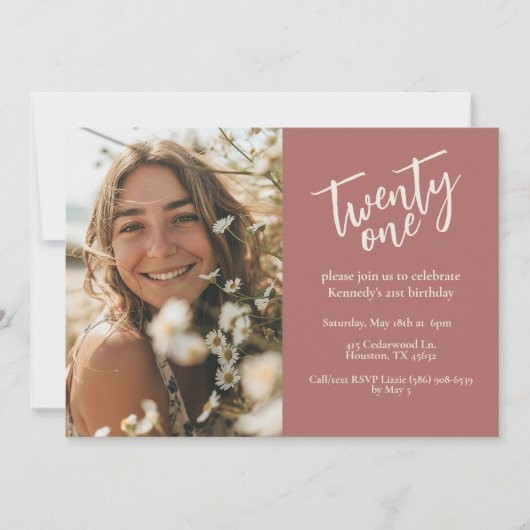 第21回誕生日パーティー21ピンクのフローラ かわいらし 招待状 (正面)