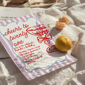 第21回赤い手描きシャンパンガラス写真誕生日 招待状