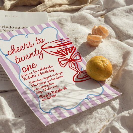 第21回赤い手描きシャンパンガラス写真誕生日 招待状