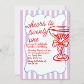 第21回赤い手描きシャンパンガラス写真誕生日 招待状 (正面)