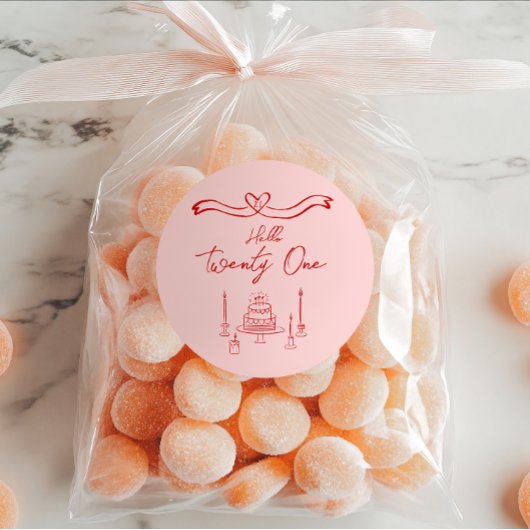 第21回赤ピンク手描きケーキキャンドル誕生日 ラウンドシール