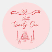 第21回赤ピンク手描きケーキキャンドル誕生日 ラウンドシール (正面)