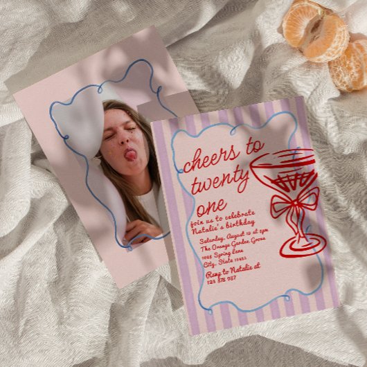 第21回赤ピンク手描きシャンパンフォト誕生日 招待状