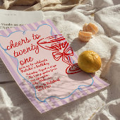 第21回赤ピンク手描きシャンパンフォト誕生日 招待状