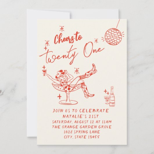 第21回赤手描き女性のカーボーイ沿岸写真誕生日 招待状 (正面)