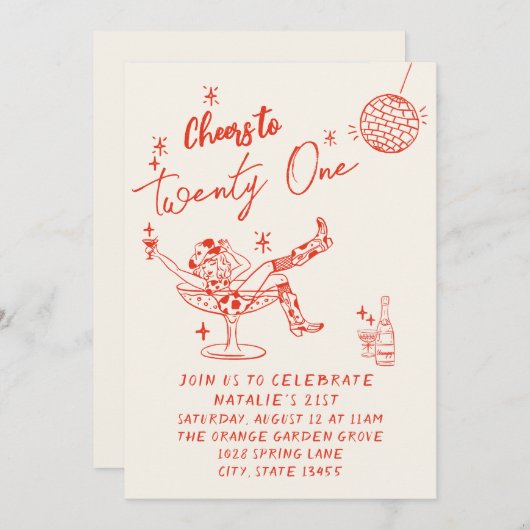 第21回赤手描き女性のカーボーイ沿岸写真誕生日 招待状 (正面/裏面)