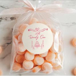 第21回鮮やかなピンクの手描きケーキキャンドル誕生日 ラウンドシール