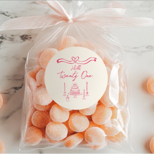 第21回鮮やかなピンクの手描きケーキキャンドル誕生日 ラウンドシール