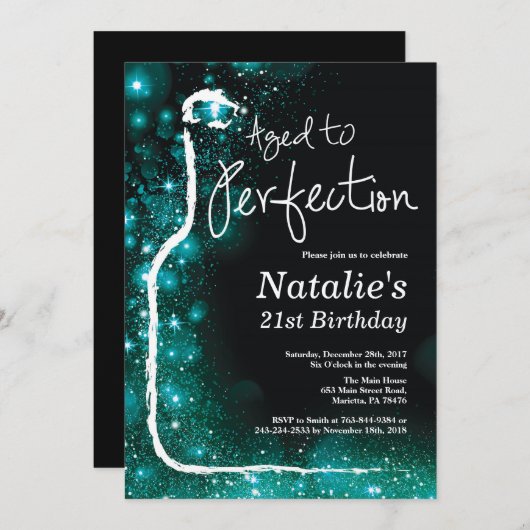 第21完全さのティール(緑がかった色)に老化するワインの誕生日 招待状 (正面/裏面)