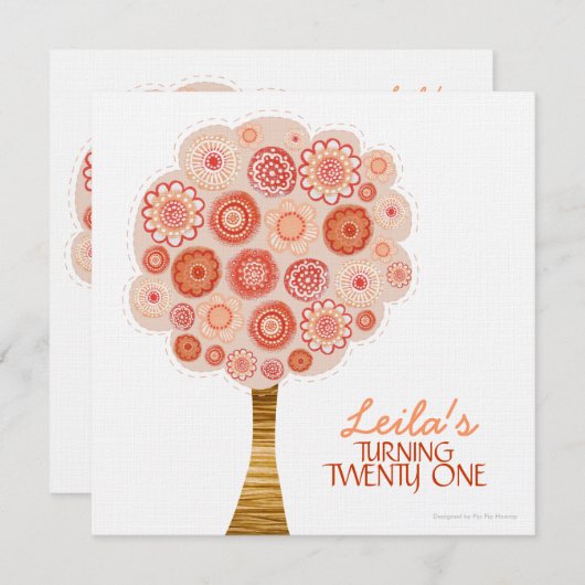 第21誕生会のオレンジ花の木の招待状 招待状 (正面/裏面)