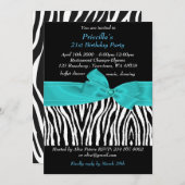 第21誕生会、シマウマ、黒いターコイズの白 招待状 (正面/裏面)