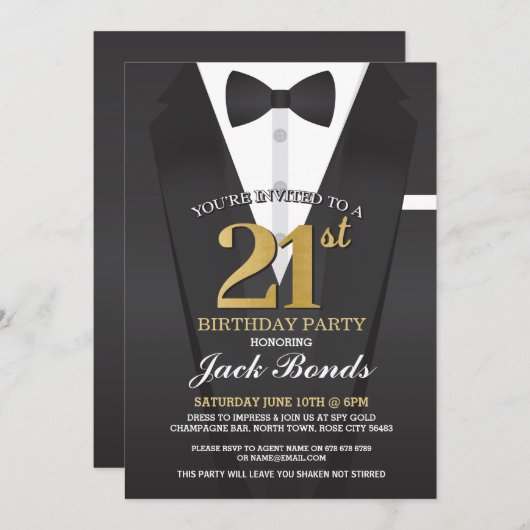 第21誕生日のスパイのスーツの準正装の金ゴールドの招待状 招待状 (正面/裏面)