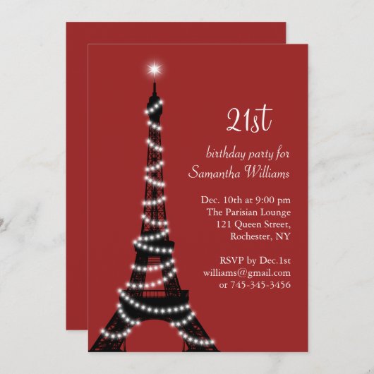 第21誕生日の光っているエッフェル塔の招待状 招待状 (正面/裏面)