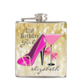 第21誕生日の女の子の金ゴールドのグリッターのガーリーな上品 フラスク (正面)