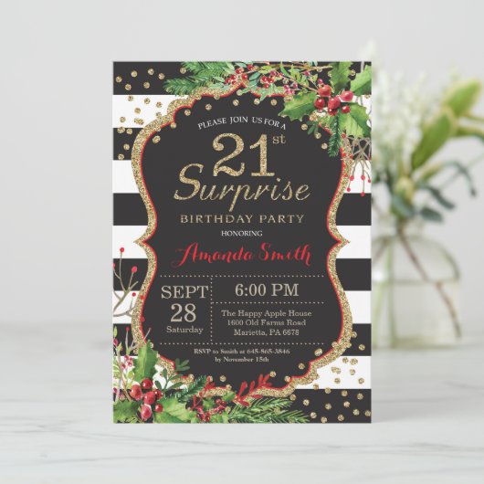 第21誕生日の招待状のクリスマスの金ゴールドを驚かして下さい 招待状 (スタンド正面)