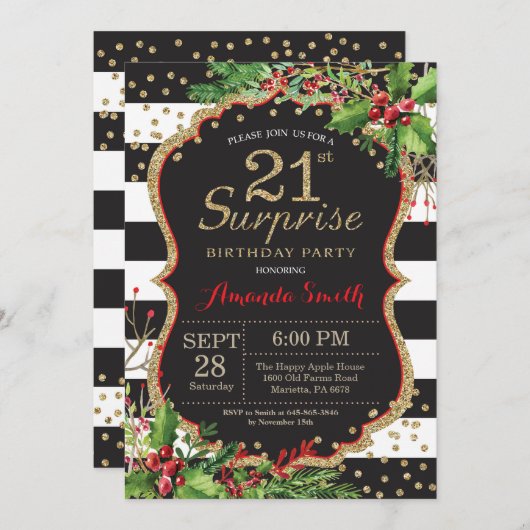 第21誕生日の招待状のクリスマスの金ゴールドを驚かして下さい 招待状 (正面/裏面)